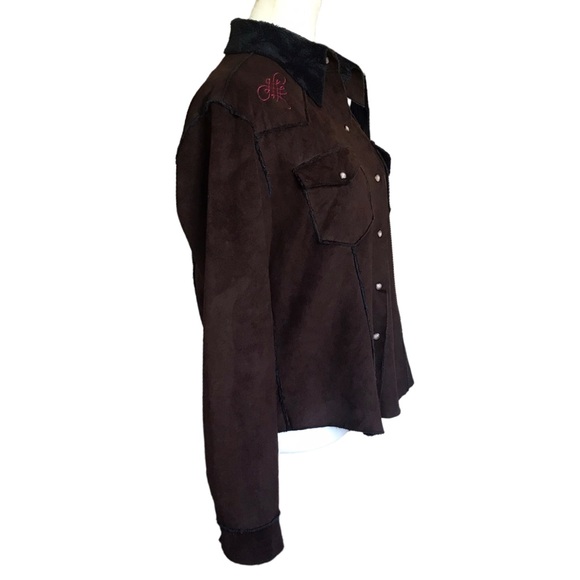 Tasha Polizzi Med Brown And Pink Faux Suede Pearl Snap Western Shearling Jacket - Picture 11 of 13